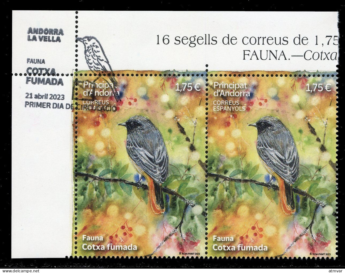 ANDORRA Correos (2023) Fauna Cotxa Fumada, Phoenicurus Ochruros, Black Redstart, Rougequeue Noir - Mint + Postmark - Used Stamps