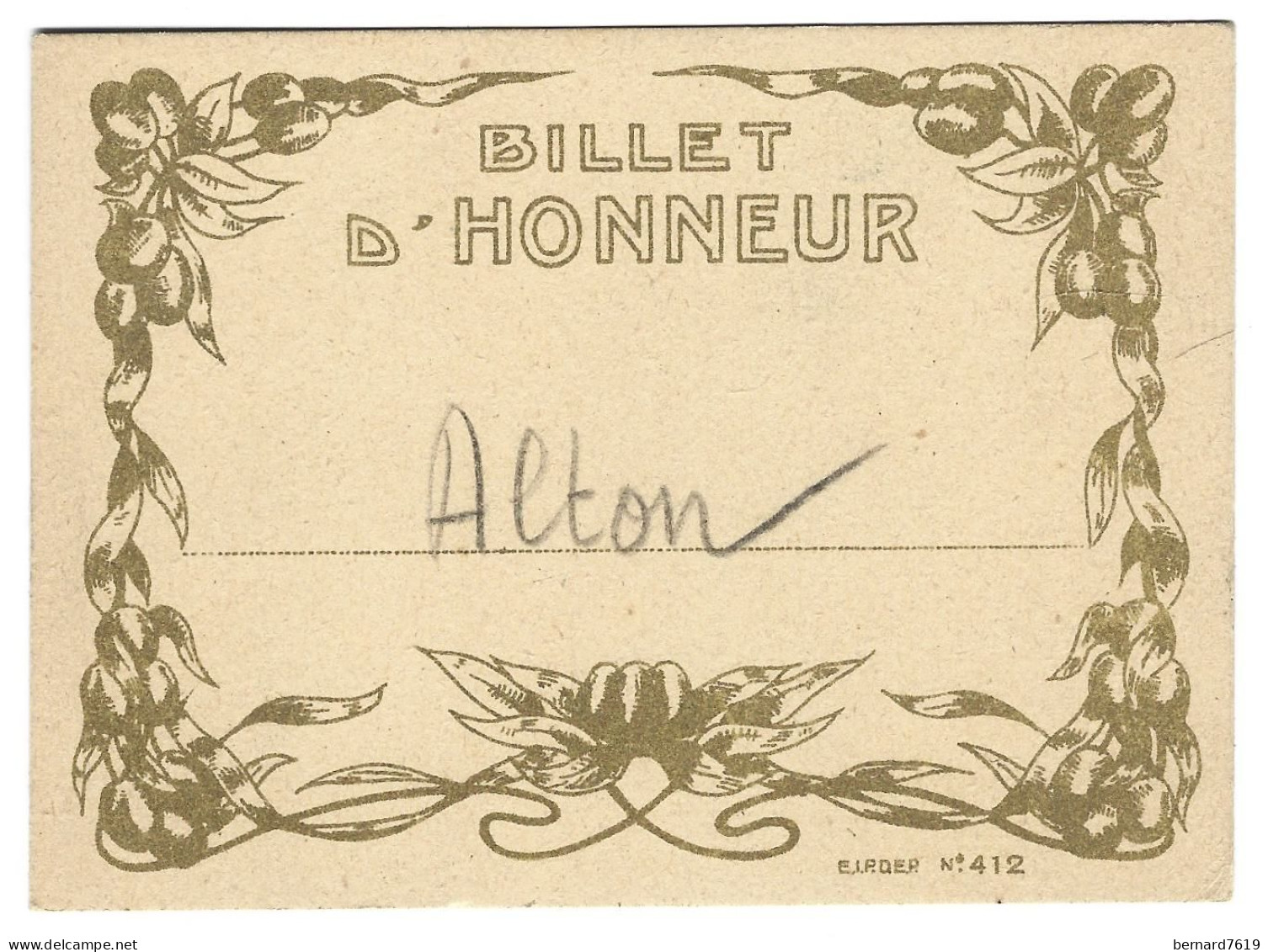 Billet D'honneur Alton -ecole - Diplômes & Bulletins Scolaires