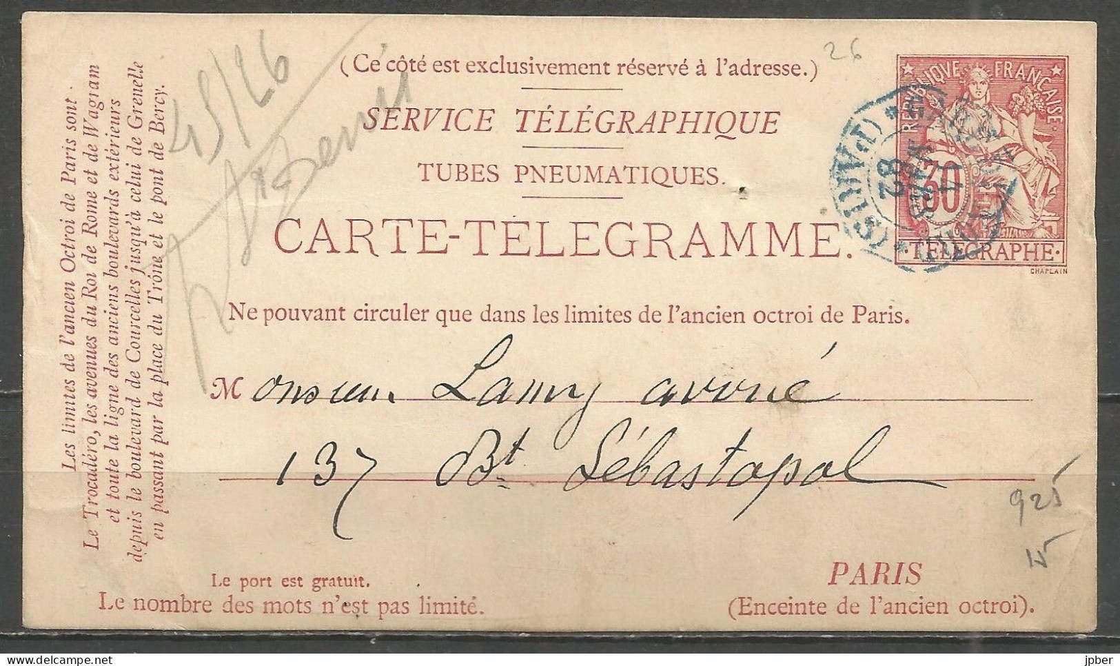 France - Carte-Télégramme N° 2501 CPP - Cachet Bleu Octogonal (Paris) Gare Du Nord 14/3/82 - Pneumatiques