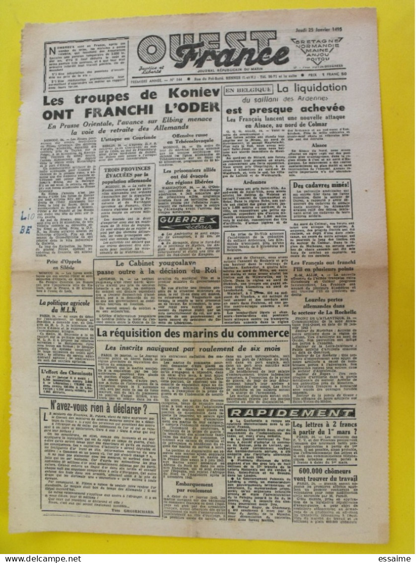 Journal L'Ouest France Du 25 Janvier 1945 Guerre De Gaulle Koniev Oder Ardennes Angers Saumur Cholet Segré - Autres & Non Classés