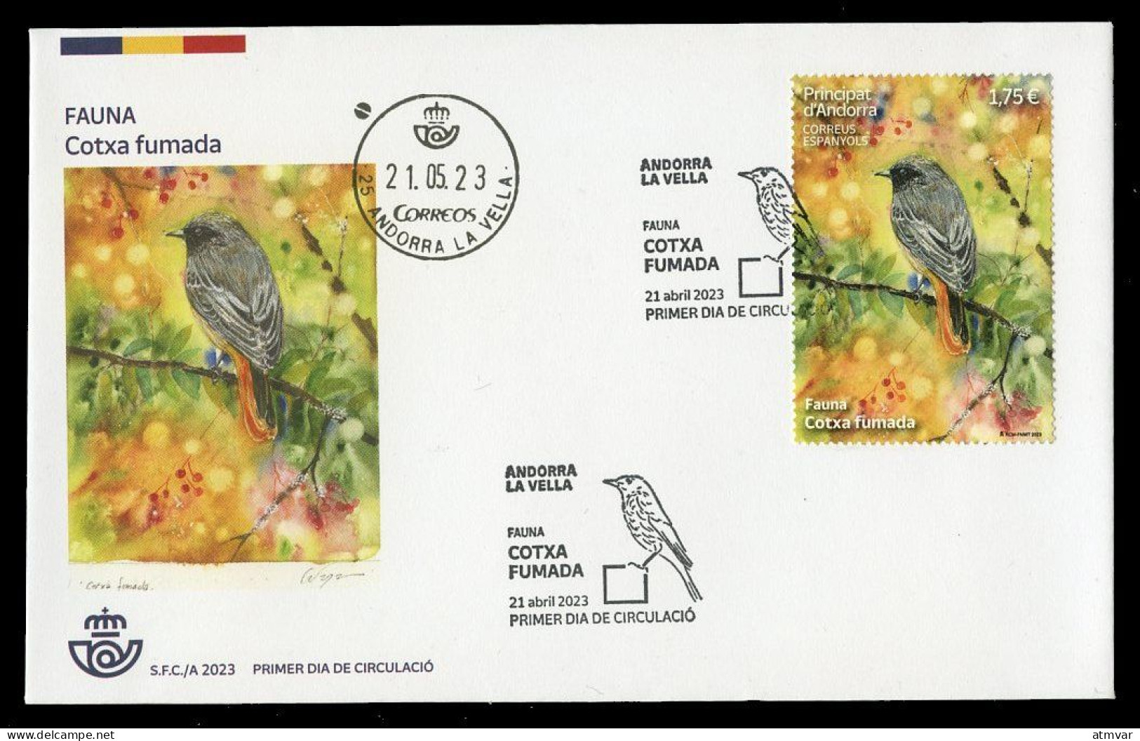 ANDORRA Correos (2023) Fauna Cotxa Fumada, Phoenicurus Ochruros, Black Redstart, Rougequeue Noir - First Day Cover - Briefe U. Dokumente