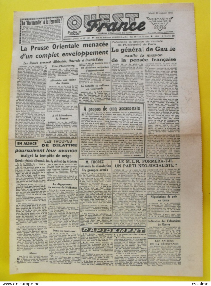 Journal L'Ouest France Du 23 Janvier 1945 Guerre De Gaulle Thorez MLN Delattre épuration Spinasse Coquet LVF PPR - Andere & Zonder Classificatie