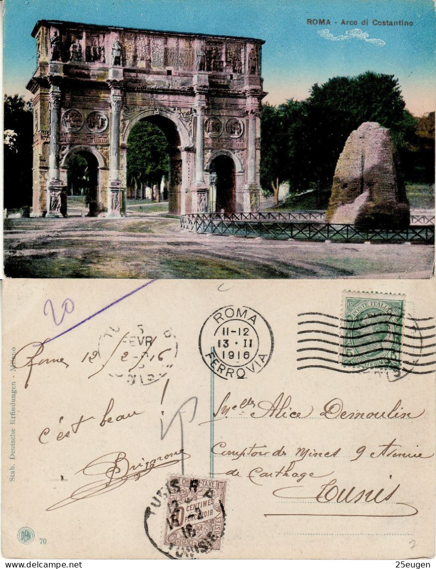 ITALY 1916 POSTCARD WITH FRENCH SURCHARGE SENT FROM ROMA TO TUNIS - Storia Postale