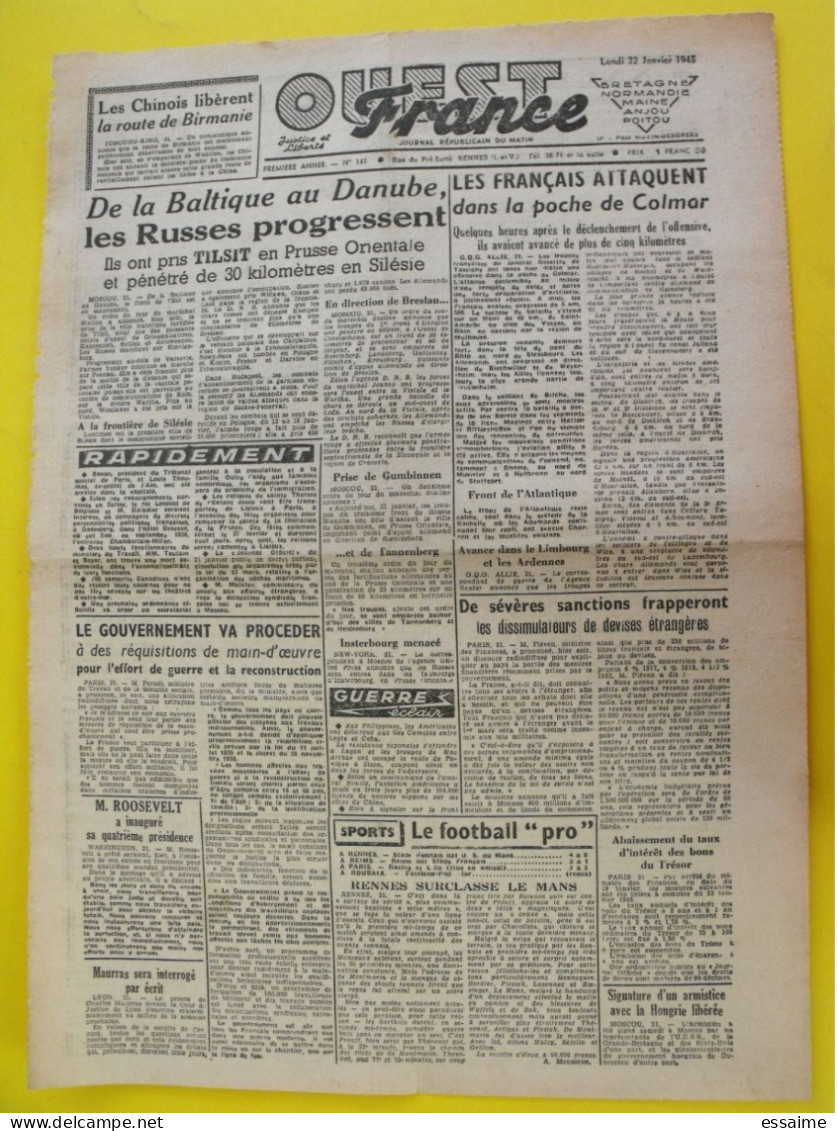 Journal L'Ouest France Du 22 Janvier 1945 Guerre De Gaulle épuration Maurras Colmar Roosevelt - Sonstige & Ohne Zuordnung