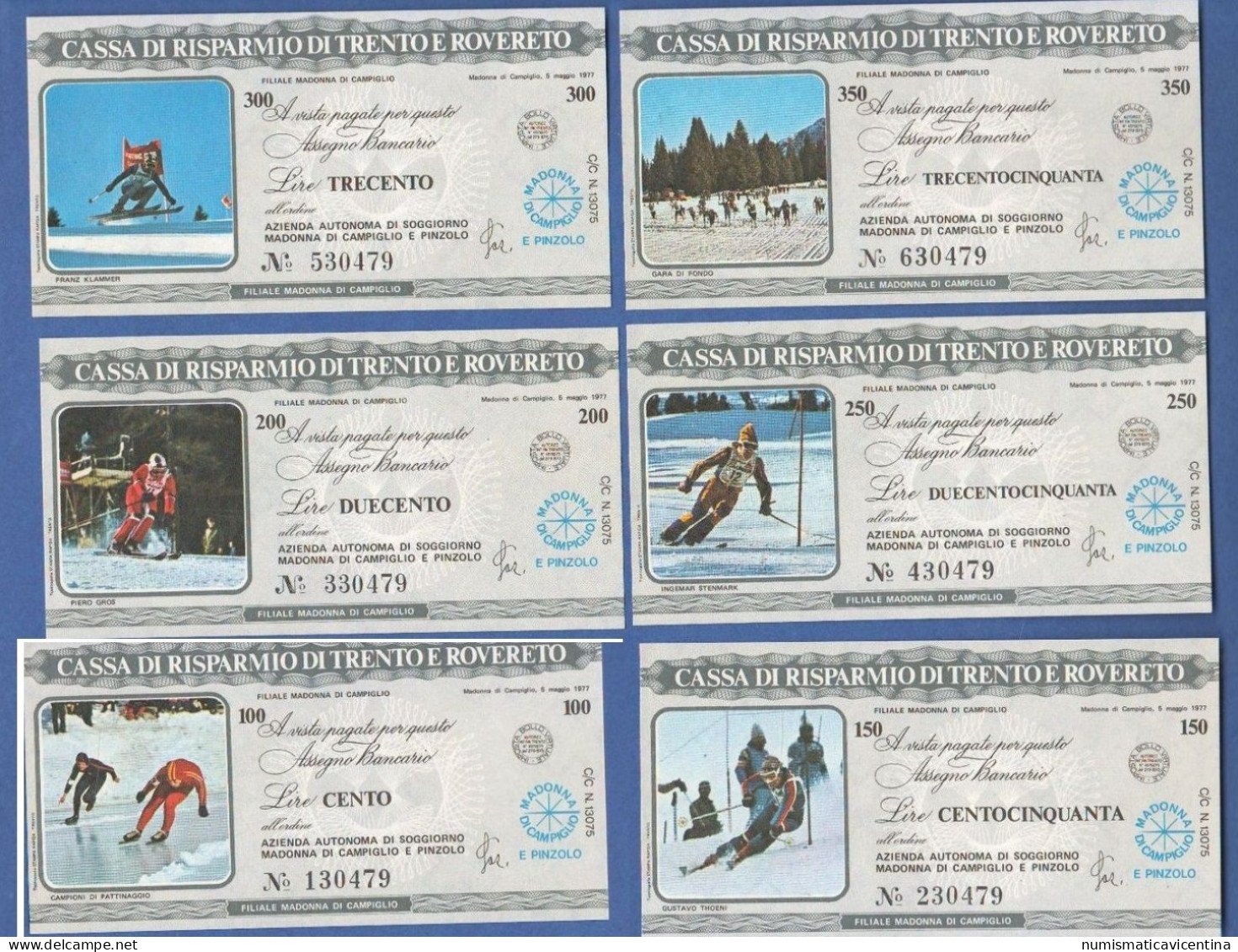Trento Rovereto Cassa Risparmio 6 Miniassegni 1977  Da 100 150 200 250 300 350 Lire Sports Sci Ski - [10] Cheques En Mini-cheques