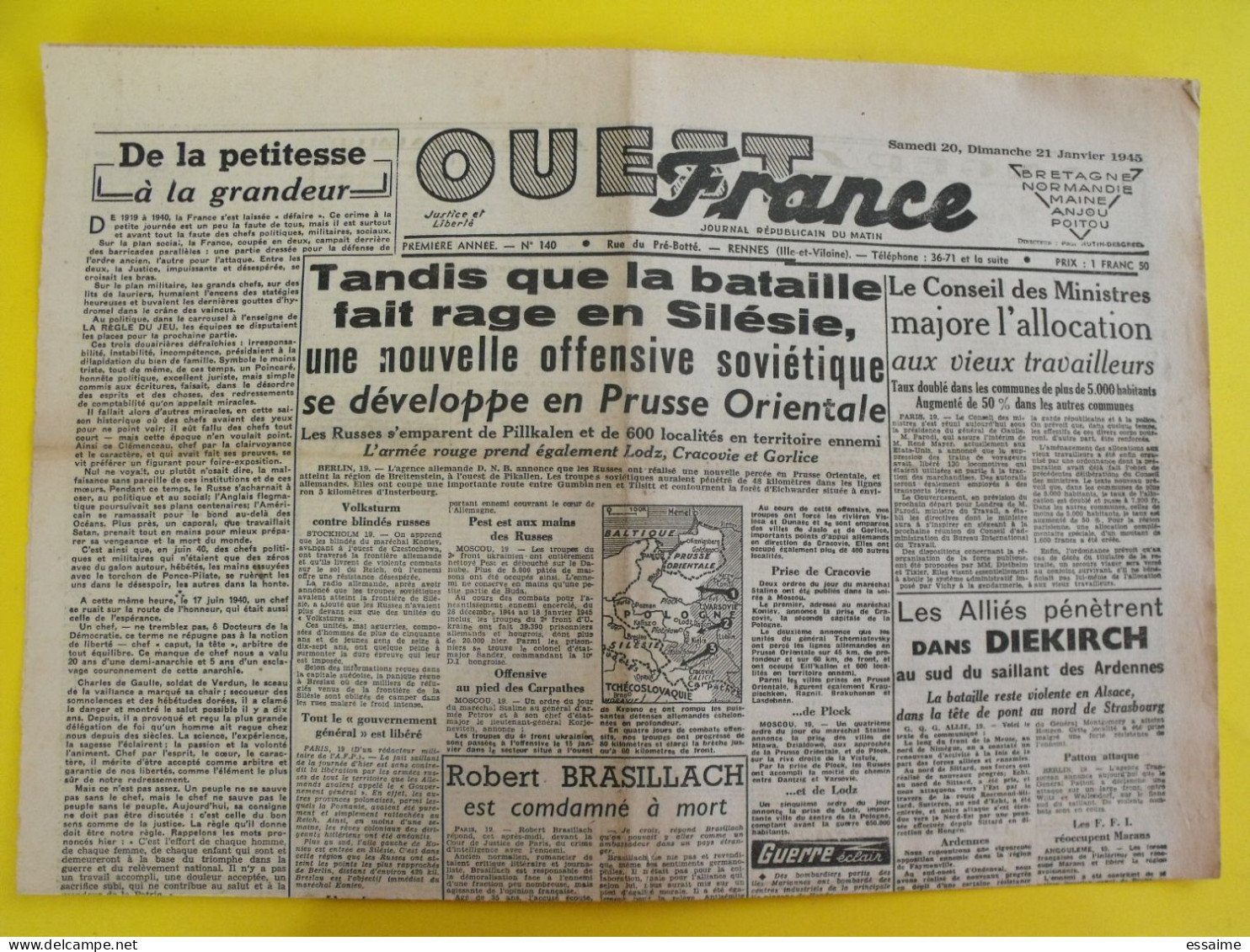 Journal L'Ouest France Du 20-21 Janvier 1945 Guerre De Gaulle épuration Maurras Diekirch Alsace Silésie Prusse - Sonstige & Ohne Zuordnung