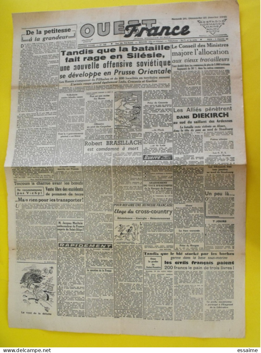 Journal L'Ouest France Du 20-21 Janvier 1945 Guerre De Gaulle épuration Maurras Diekirch Alsace Silésie Prusse - Other & Unclassified