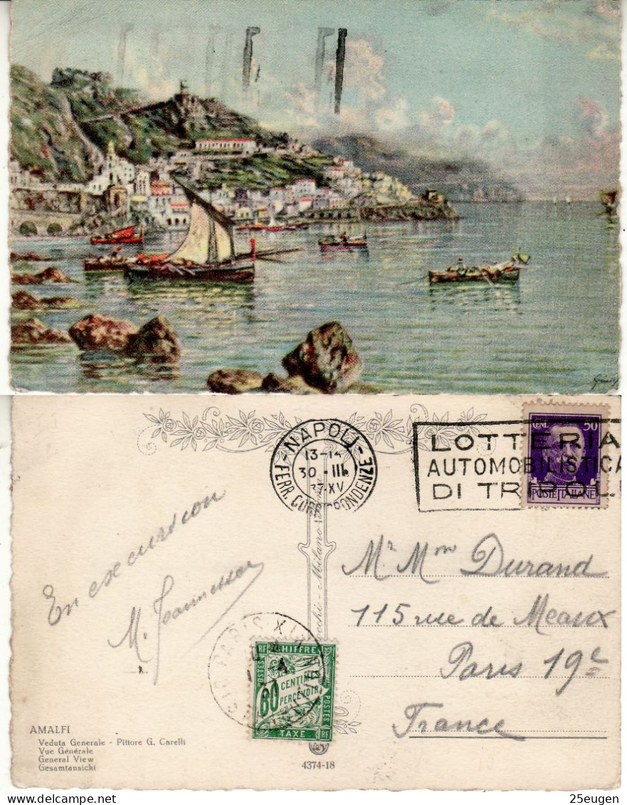 ITALY 1937 POSTCARD WITH FRENCH SURCHARGE SENT FROM NAPOLI TO PARIS - Marcophilia