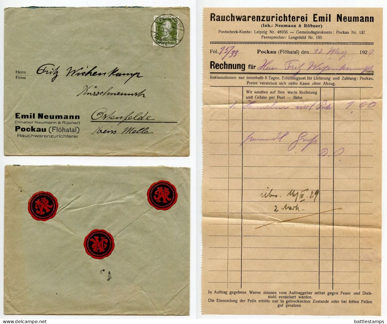 Germany 1929 Cover & Invoice; Pockau (Flöhatal) - Emil Neumann, Rauchwarenzurichterei; 30pf. Lessing - Covers & Documents