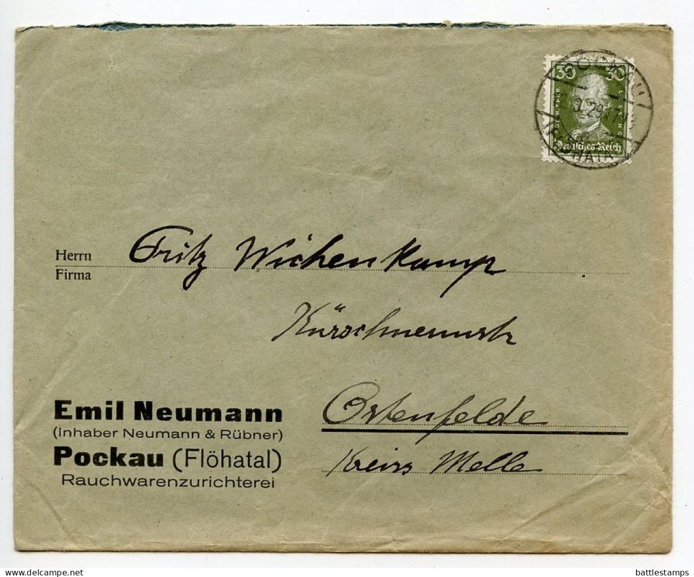 Germany 1929 Cover & Invoice; Pockau (Flöhatal) - Emil Neumann, Rauchwarenzurichterei; 30pf. Lessing - Lettres & Documents