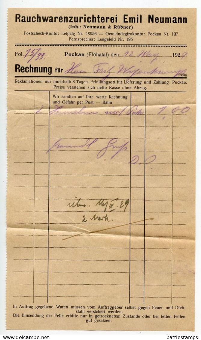 Germany 1929 Cover & Invoice; Pockau (Flöhatal) - Emil Neumann, Rauchwarenzurichterei; 30pf. Lessing - Storia Postale