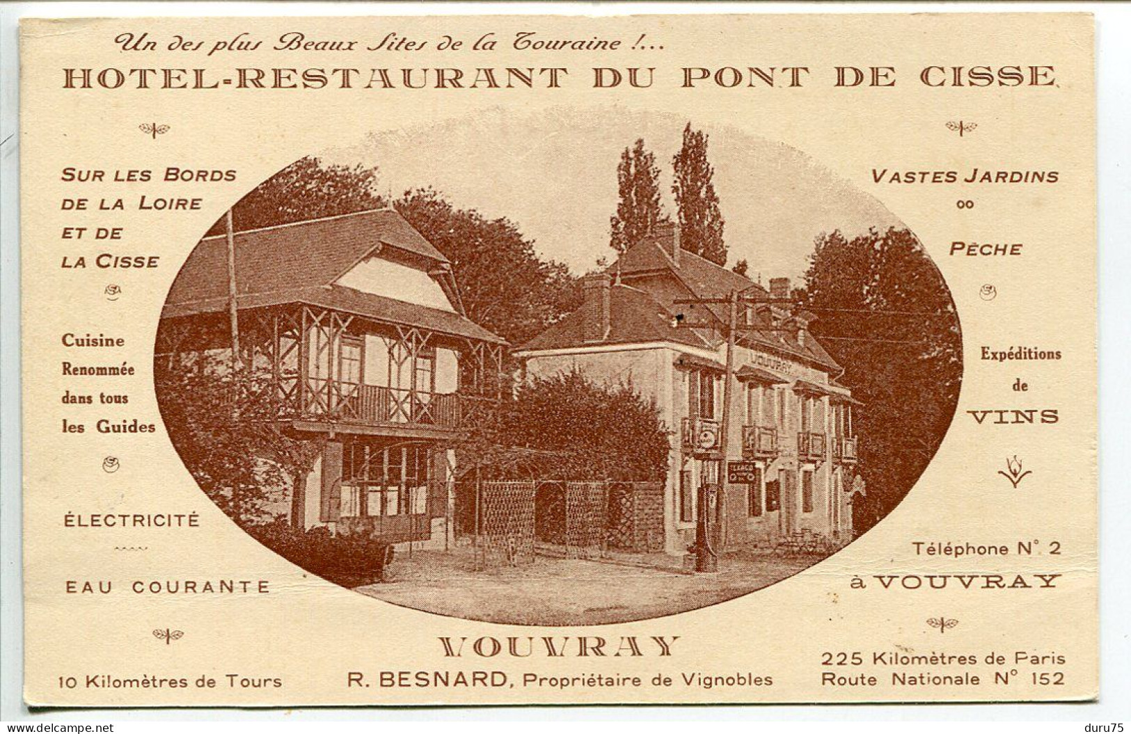 CPA Publicitaire Non écrite * VOUVRAY Hôtel Restaurant Du Pont De Cisse R. Besnard Propriétaire De Vignobles Tél. 2 - Vouvray