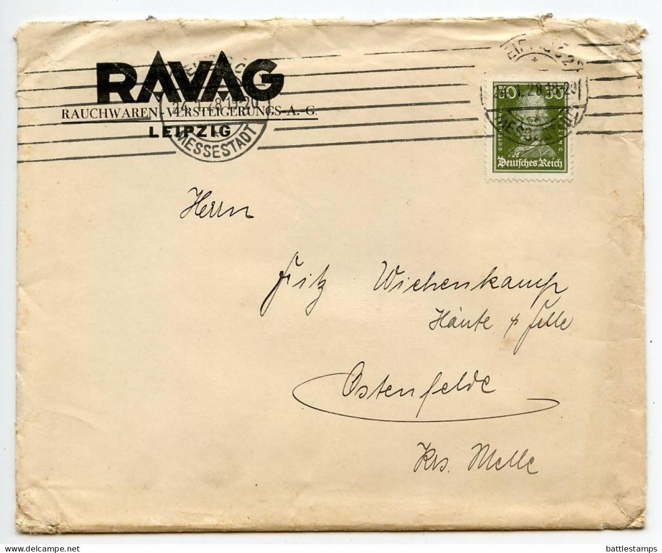 Germany 1928 Cover & Invoices; Leipzig (Messestadt) - RAVAG, Rauchwaren-Versteigerungs; 30pf. Lessing - Brieven En Documenten