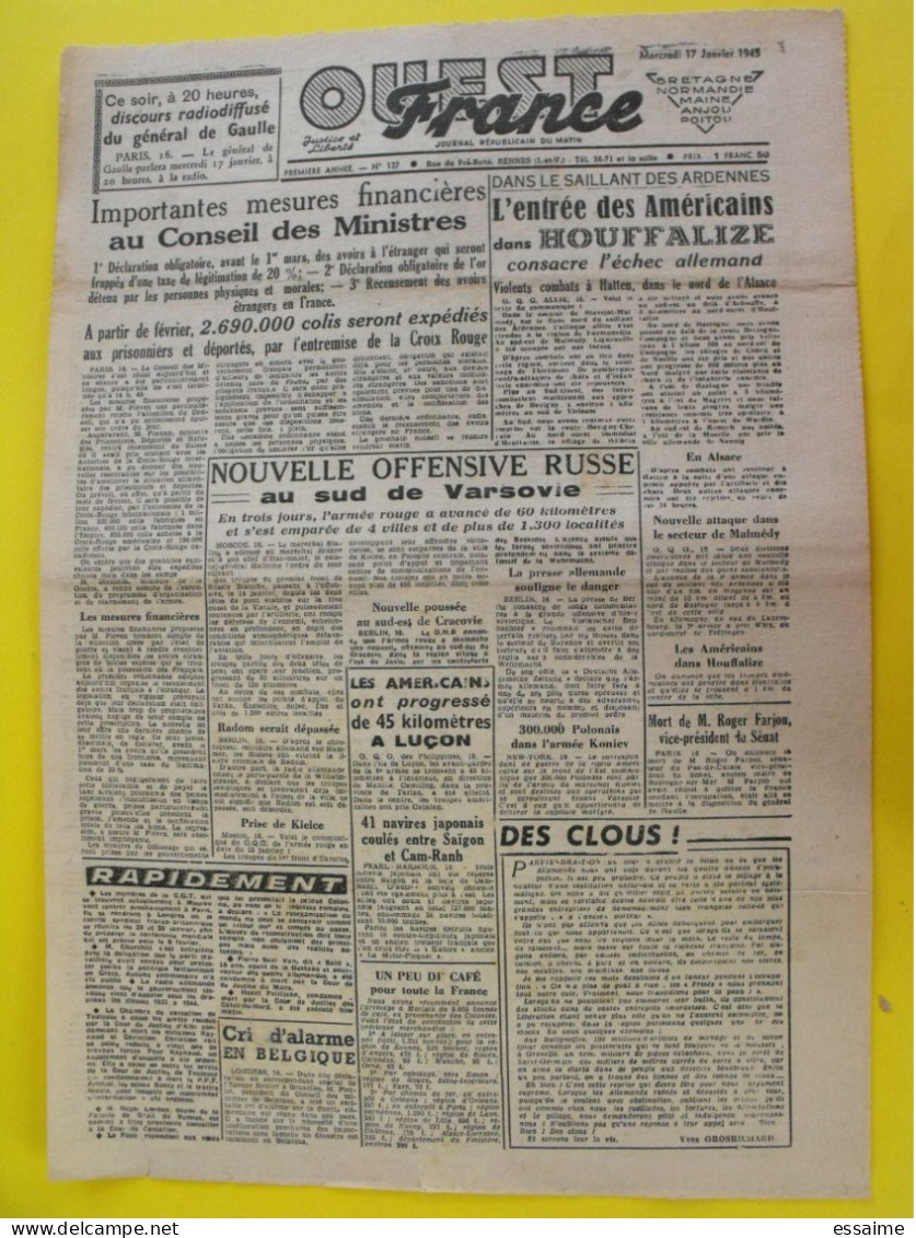 Journal L'Ouest France Du 17 Janvier 1945 Guerre De Gaulle épuration PetitJean Ardennes Houffalize Varsovie Angers - Other & Unclassified