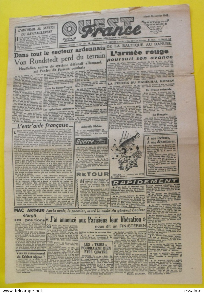 Journal L'Ouest France Du 16 Janvier 1945 Guerre De Gaulle épuration LVF Japon Mac Arthur Tito Angers - Other & Unclassified