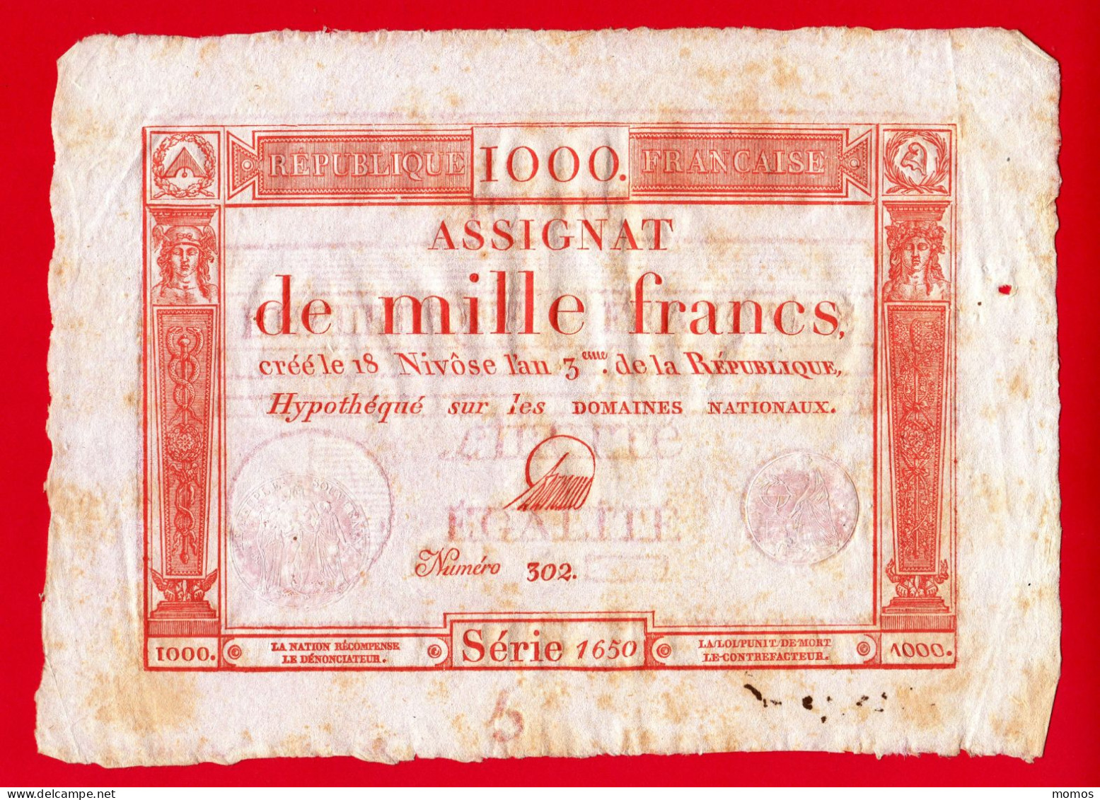 ASSIGNAT DE 1000 FRANCS - 18 NIVOSE AN 3 (7 Janvier 1795) - DARNAUD - Série 1650 Et Numéro 302 - REVOLUTION - A VOIR !!! - Assignats