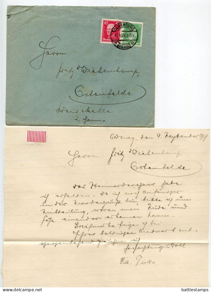 Germany 1928 Cover & Letter; Oldenburg To Ostenfelde; 5pf. Schiller & 10pf. Frederick The Great - Briefe U. Dokumente