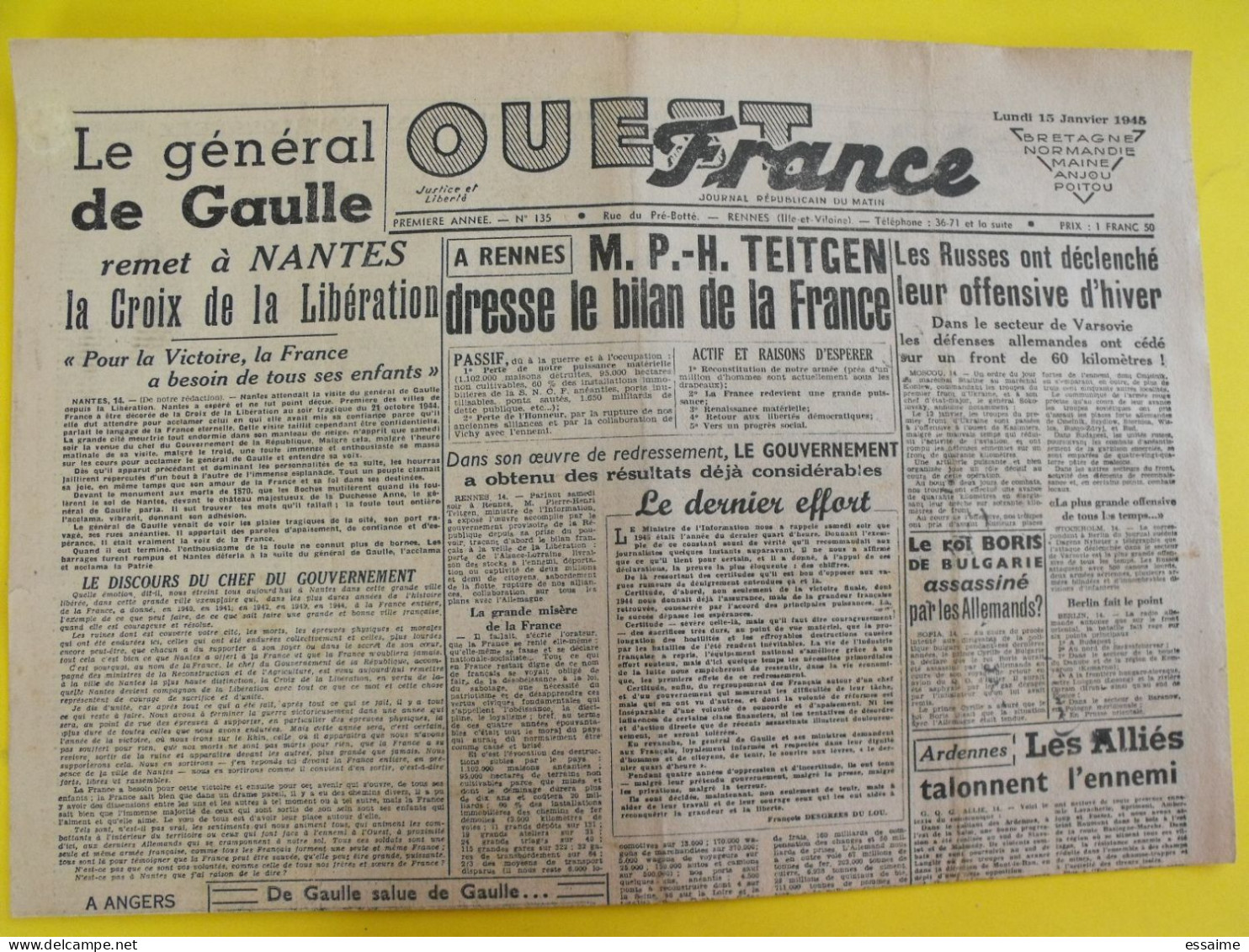 Journal L'Ouest France Du 15 Janvier 1945 Guerre De Gaulle épuration Berger Roi Boris Bulgarie Ardennes Angers - Other & Unclassified