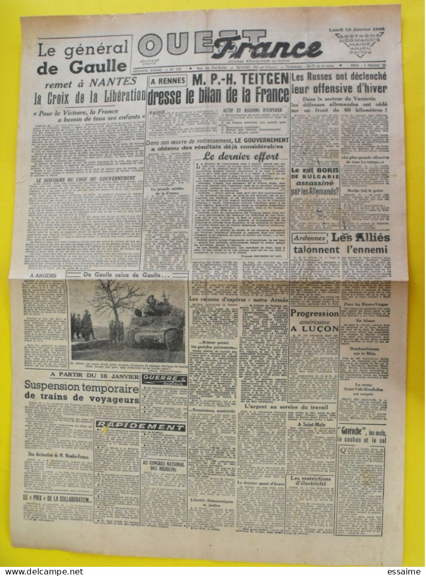 Journal L'Ouest France Du 15 Janvier 1945 Guerre De Gaulle épuration Berger Roi Boris Bulgarie Ardennes Angers - Autres & Non Classés