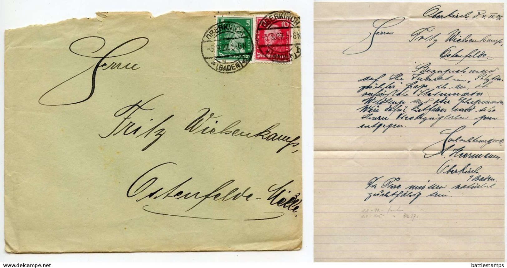 Germany 1927 Cover & Letter; Oberkirch (Baden) To Ostenfelde; 5pf. Schiller & 10pf. Frederick The Great - Cartas & Documentos