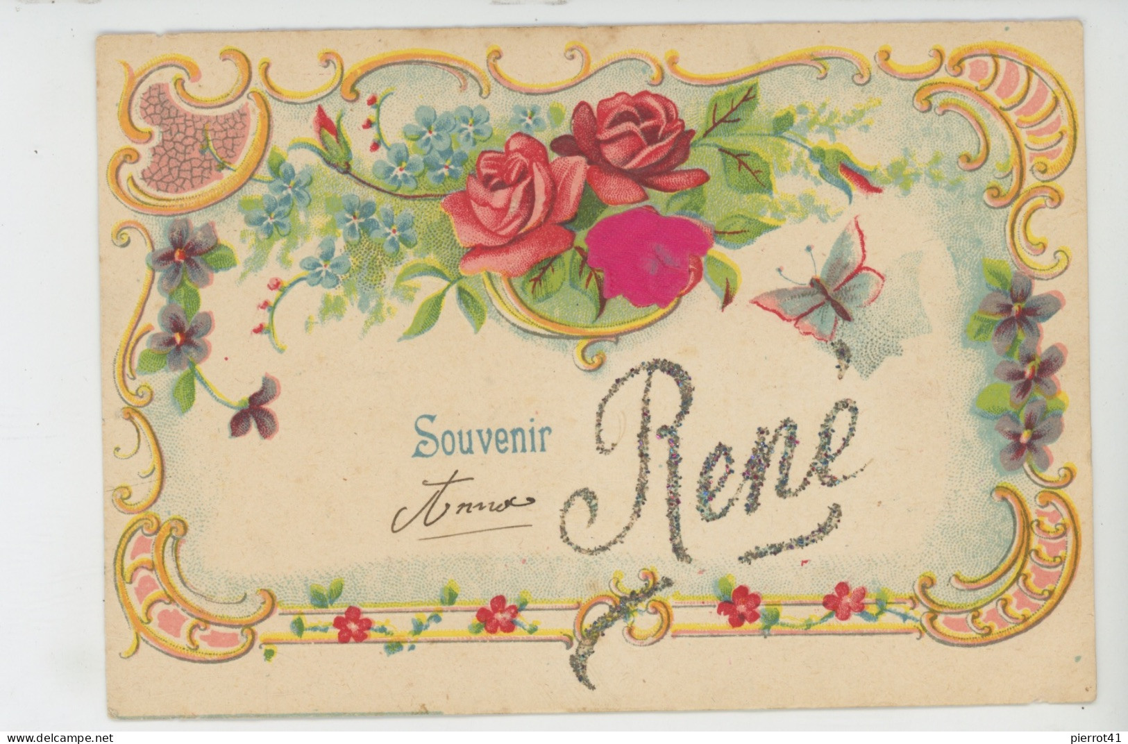 PRÉNOMS - BUFFERFLY - Jolie Carte Fantaisie Gaufrée Fleurs Roses Et Papillon Prénom RENÉ (embossed Card) - Prénoms