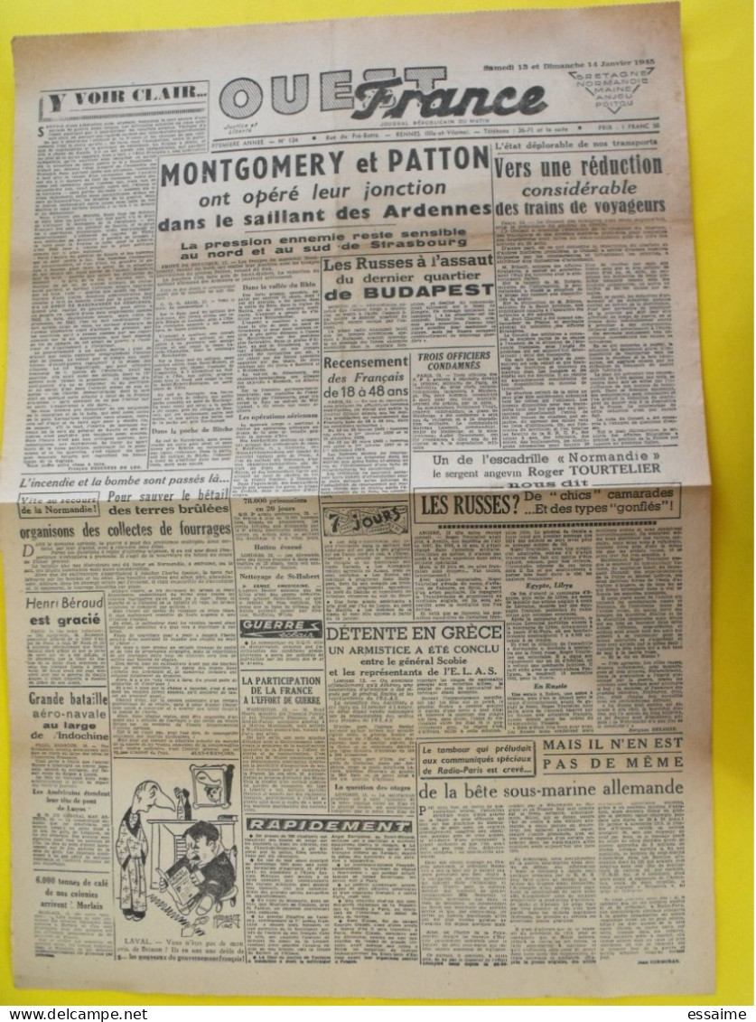 Journal L'Ouest France Du 13-14 Janvier 1945 Guerre De Gaulle épuration Montgomery Patton Budapest FFI Béraud Angers - Andere & Zonder Classificatie