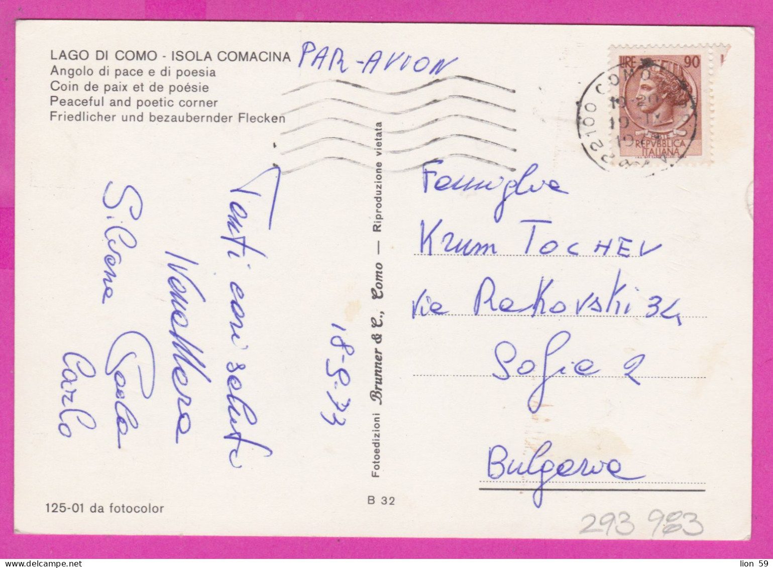 293983 / Italy - LAGO DI COMO - Isola Comacina , Angolo Di Pace E Di Poesia PC 1973 USED 90 L Coin Of Syracuse - 1971-80: Marcofilie