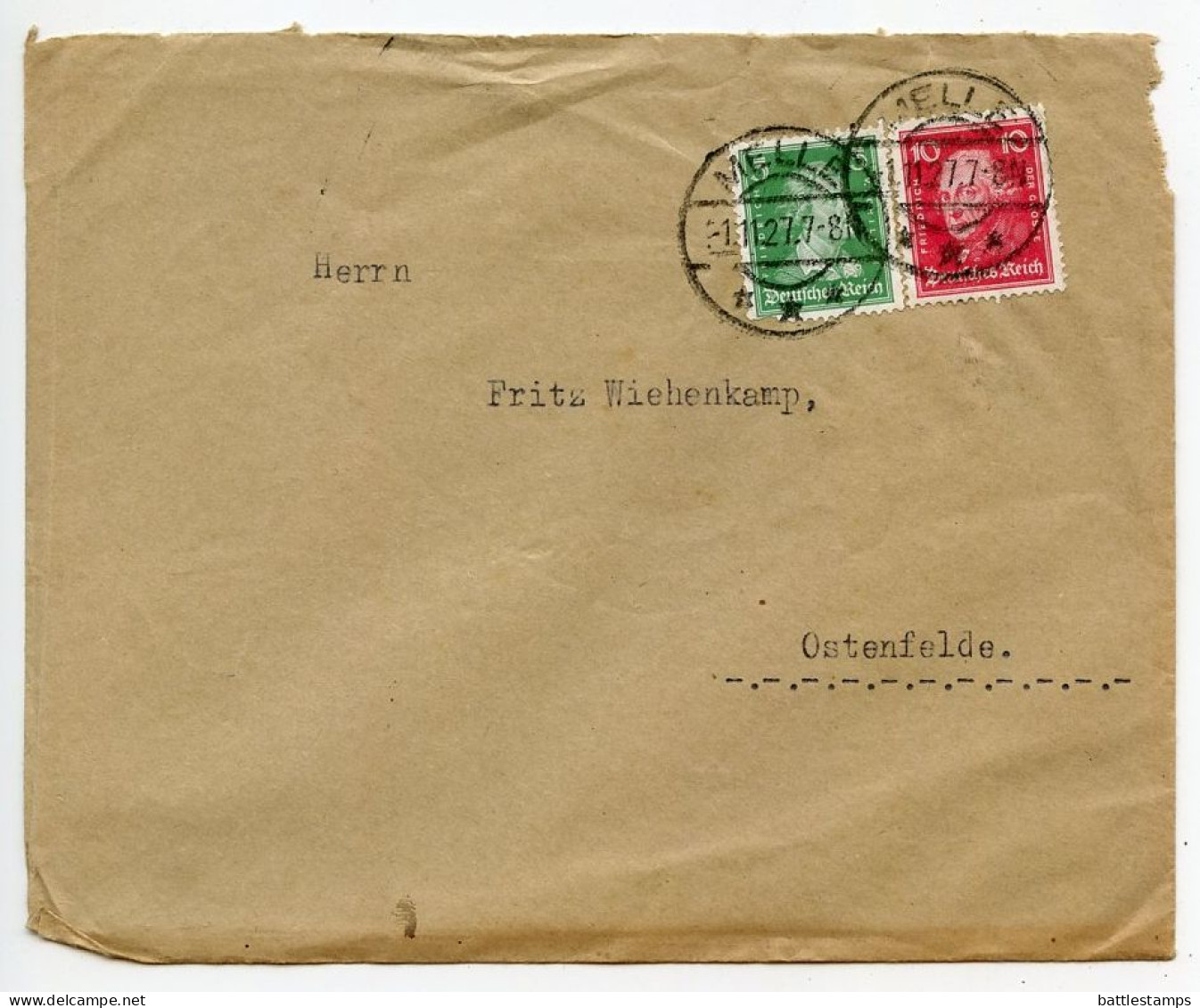 Germany 1927 Cover & Letter; Melle - Rechtsanwalt Und Notar To Ostenfelde; 5pf. Schiller & 10pf. Frederick The Great - Storia Postale