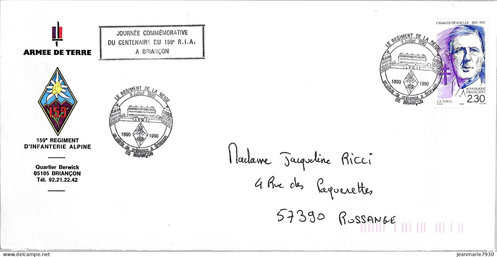 P220 - CHARLES DE GAULLE SUR LETTRE DE BRIANCON DU 08/07/90 - 159 ème REGIMENT D'INFANTERIE ALPINE - Covers & Documents