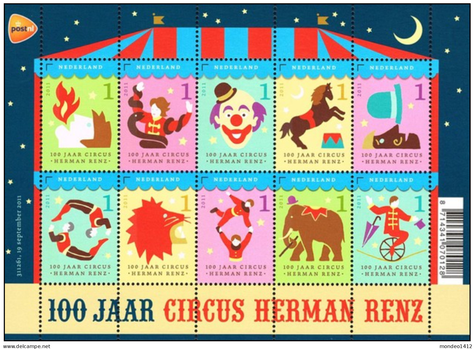 Nederland 2011 - NVPH 2868/2877 - Blok Block - Circus, Clown, Snake, Horse, Acrobats, Lion, Elephant  - MNH - Neufs