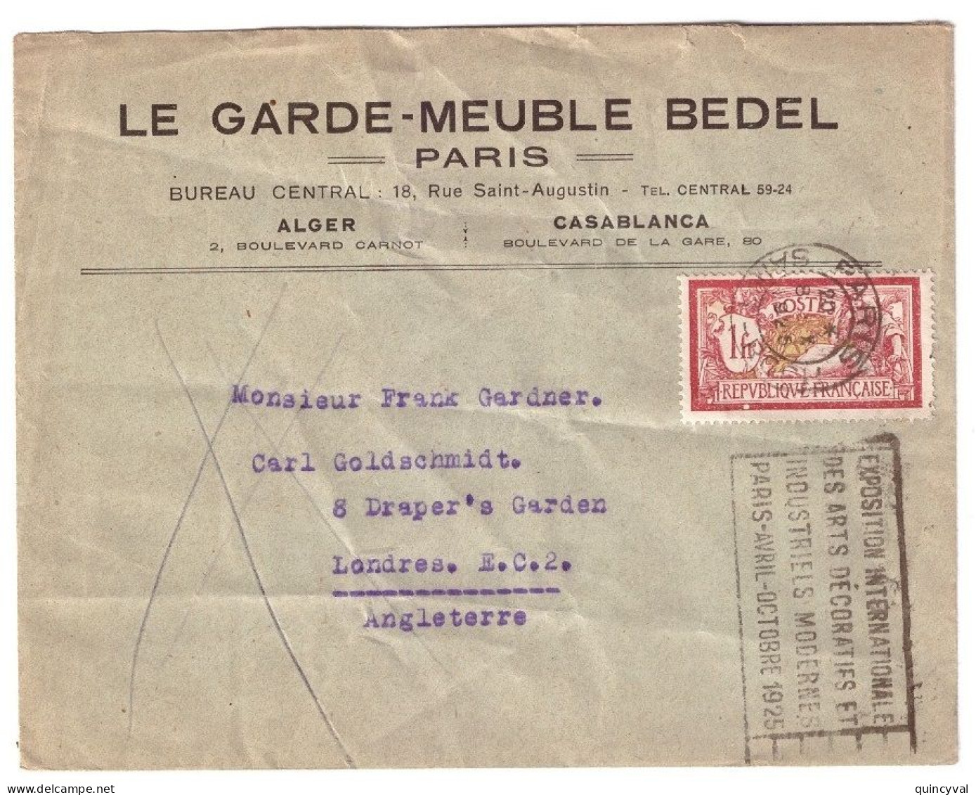 PARIS Lettre Entête Garde Meuble BEDEL Dest Londres Angleterre 1F Merson Yv 121 Ob Meca Expo Arts Deco 1925 - 1877-1920: Periodo Semi Moderno