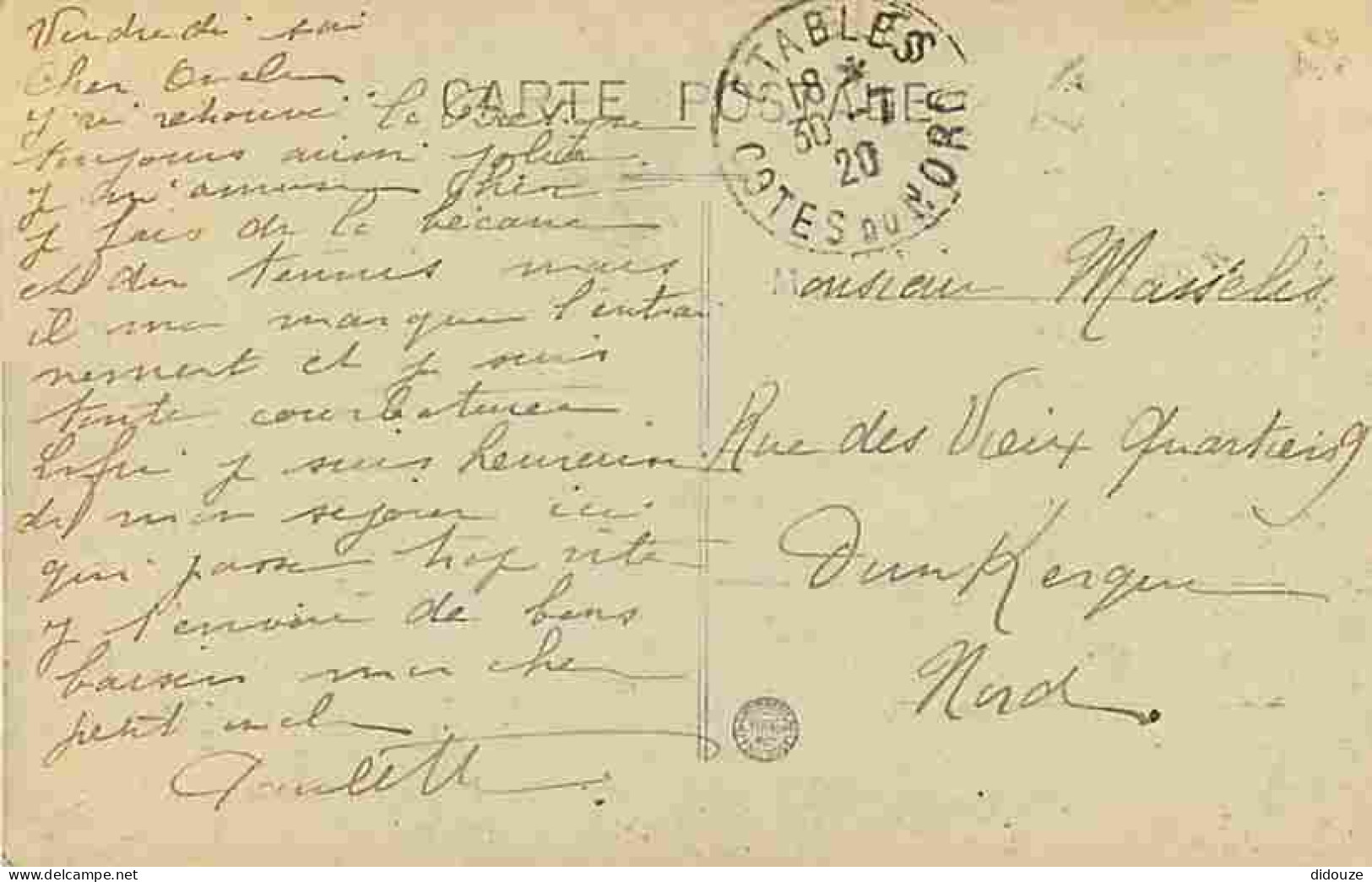 22 - Etables - La Plage De La Grève Du Moulin - Les Falaises - Correspondance - Oblitération Ronde De 1920 - CPA - Voir  - Etables-sur-Mer