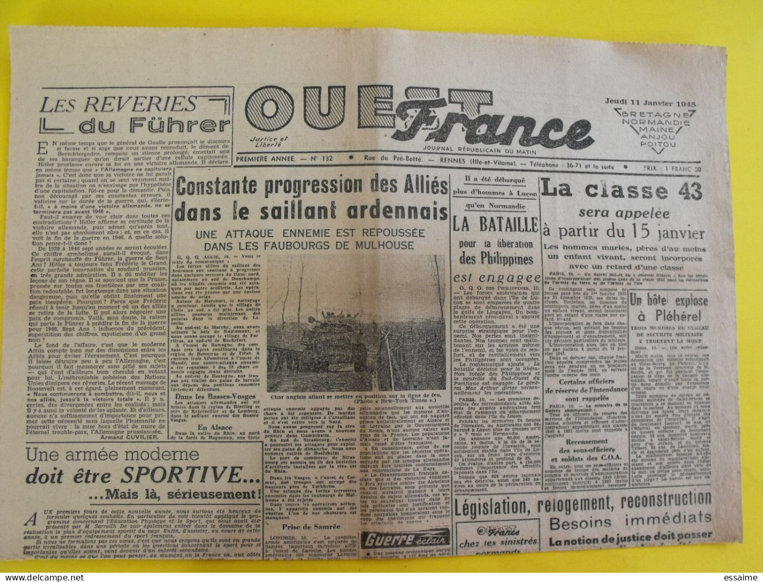 Journal Ouest France Du 11 Janvier 1945 Guerre De Gaulle épuration Ardennes Philippines Angers - Other & Unclassified
