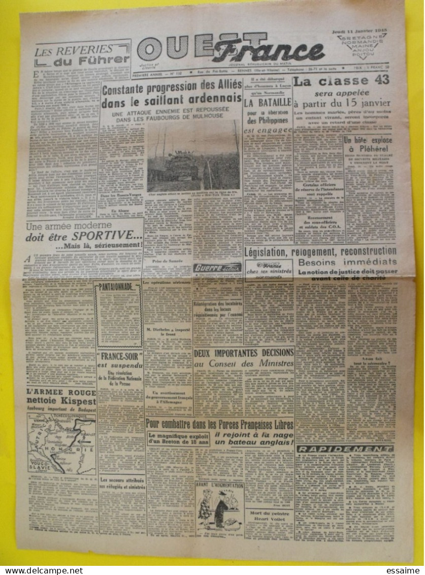 Journal Ouest France Du 11 Janvier 1945 Guerre De Gaulle épuration Ardennes Philippines Angers - Andere & Zonder Classificatie