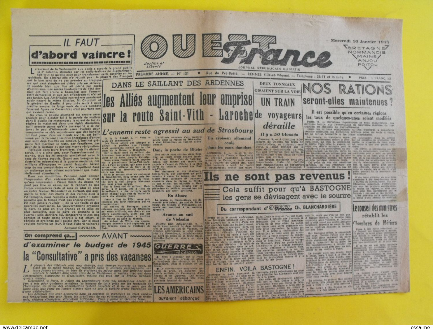 Journal Ouest France Du 10 Janvier 1945 Guerre De Gaulle épuration Chack Fusillé Bastogne Ardennes Philippines Angers - Otros & Sin Clasificación