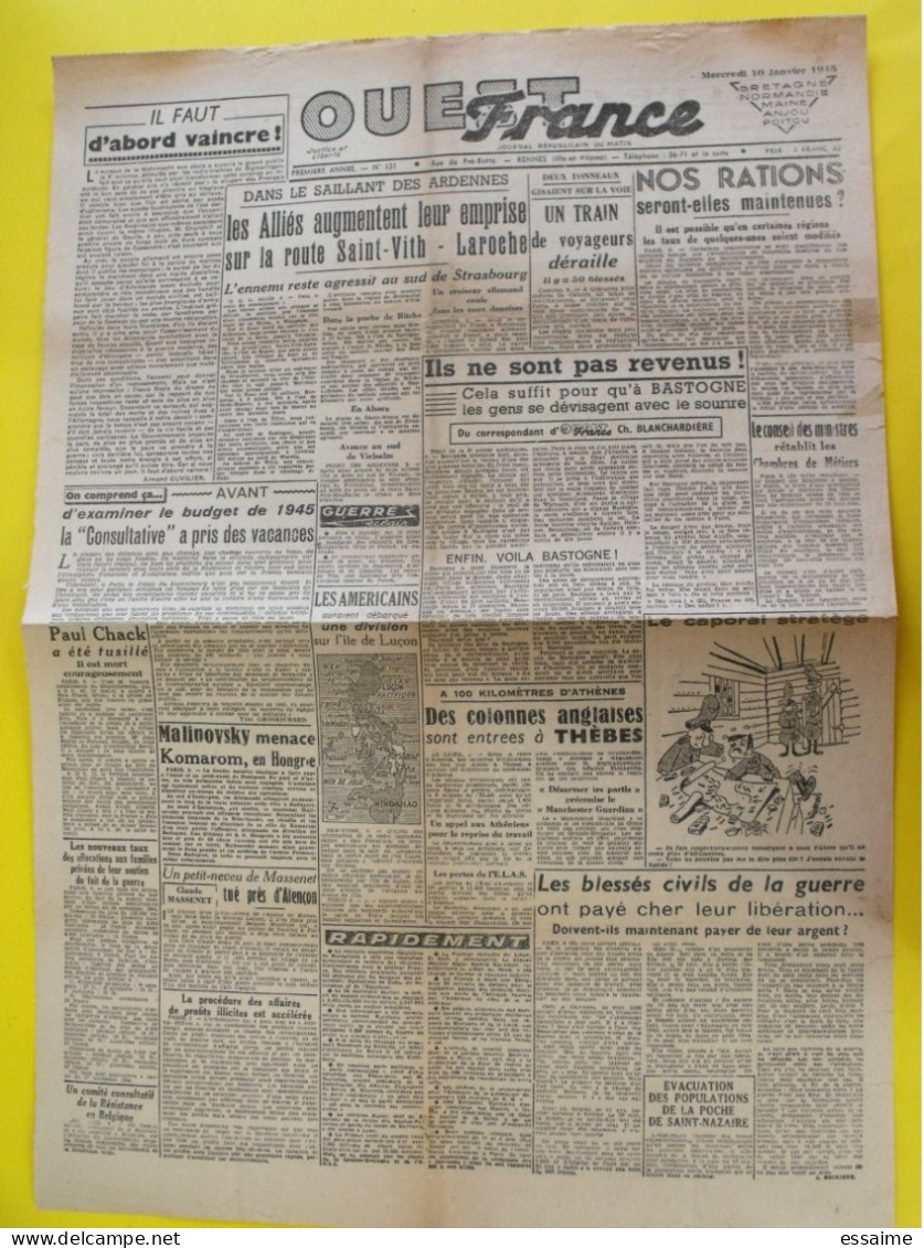 Journal Ouest France Du 10 Janvier 1945 Guerre De Gaulle épuration Chack Fusillé Bastogne Ardennes Philippines Angers - Sonstige & Ohne Zuordnung