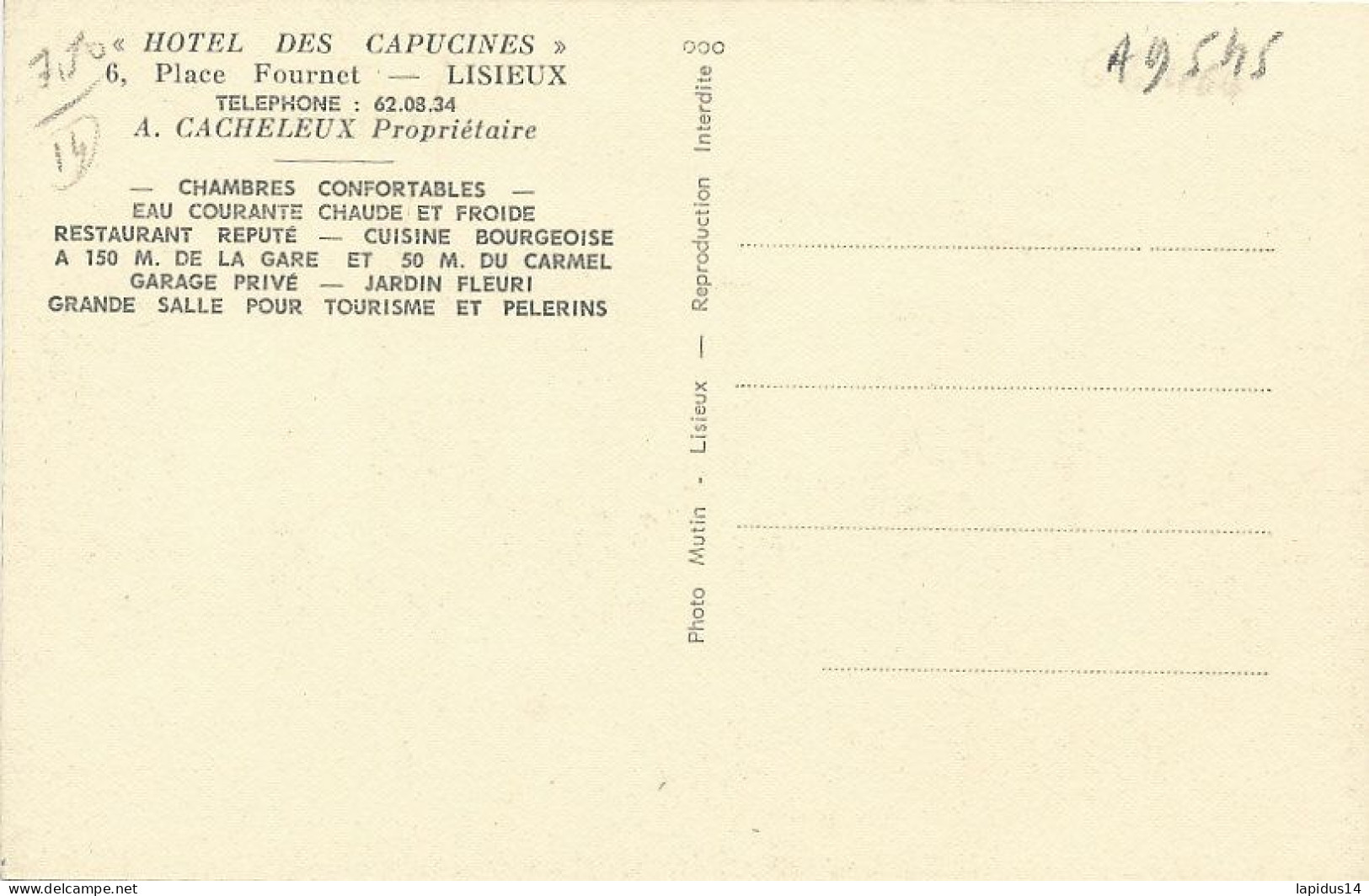 AY 545 /    CPA     LISIEUX (14)  HOTEL DES CAPUCINES  6 PLACE FOURNET  A . CACHELEUX  PROPRIETAIRE - Lisieux