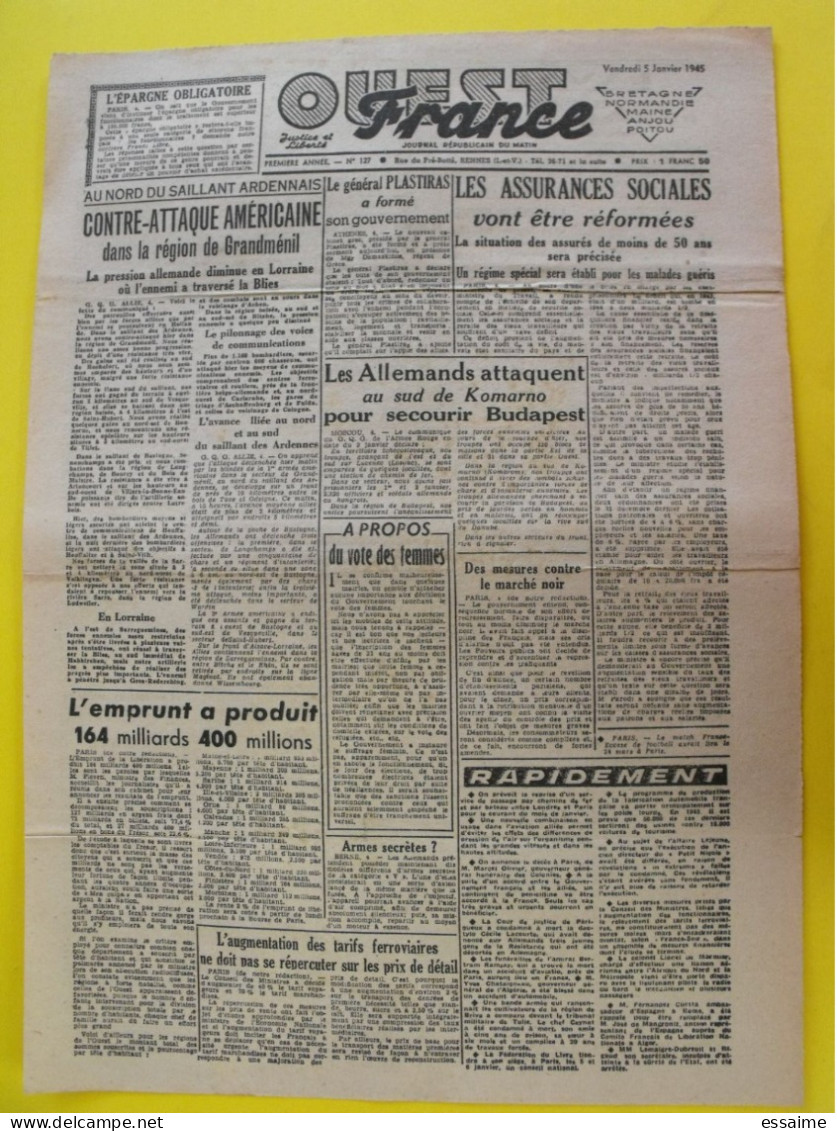 Journal Ouest France Du 5 Janvier 1945 Guerre De Gaulle épuration Lacourte Lejeune Grèce Plastiras Angers - Other & Unclassified