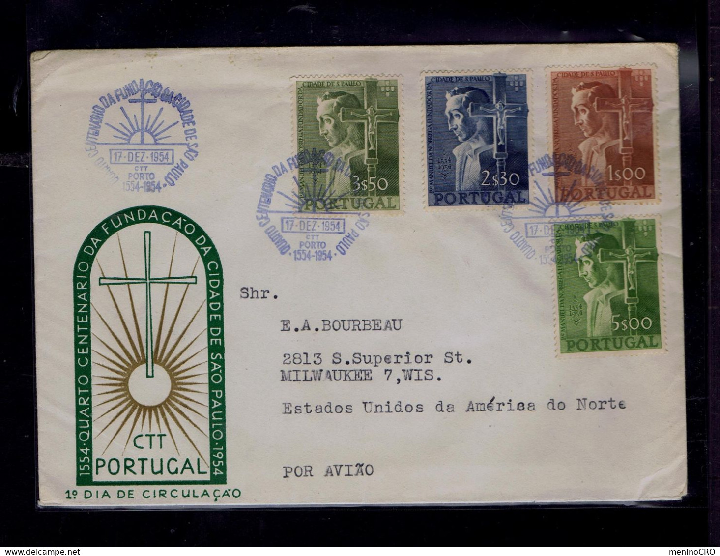 Gc8573 PORTUGAL "S.PAULO Brazil Foundation City" 1554-1954 Mailed Porto »Milwaukee -US - Explorers