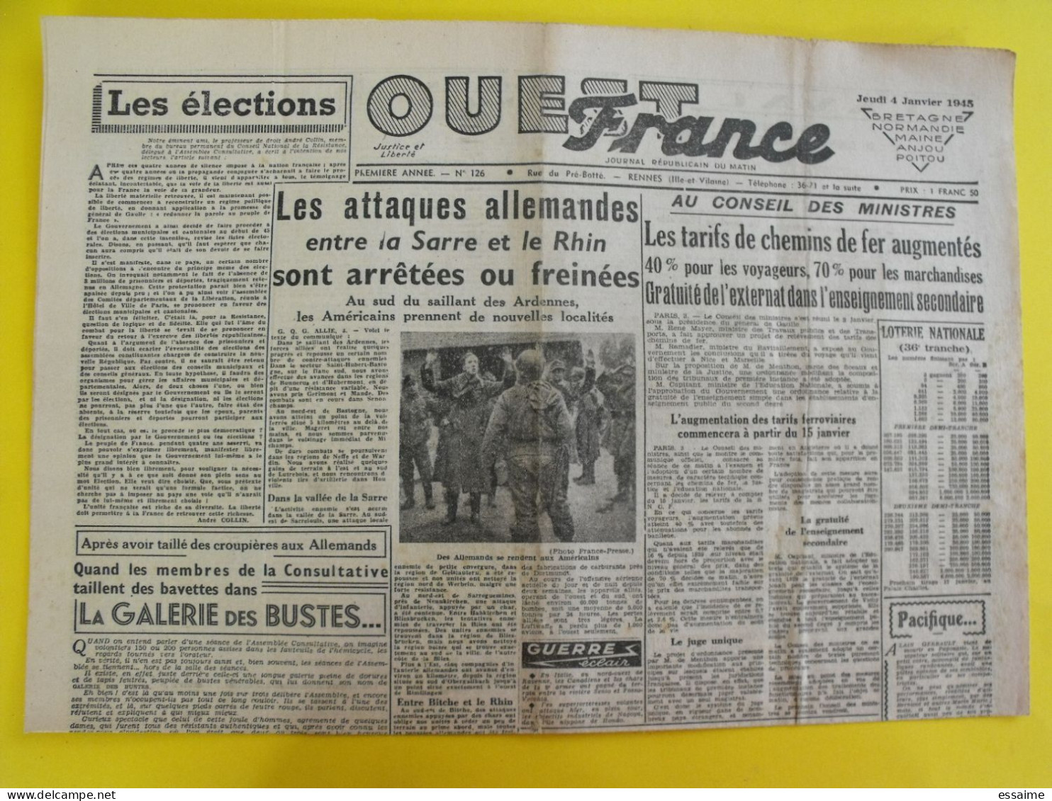 Journal Ouest France Du 4 Janvier 1945 Guerre De Gaulle épuration Sarre Rhin  Mort Colonel Fabien Angers - Altri & Non Classificati