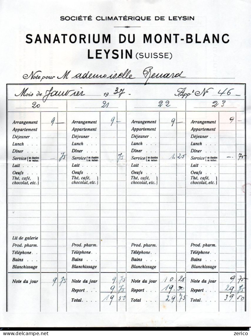 LEYSIN Suisse Taxe De Séjour Sur Facture Du Sanatorium Du Mont-Blanc Kurtaxe Fiscal Fiscaux Kurtaxe - Steuermarken