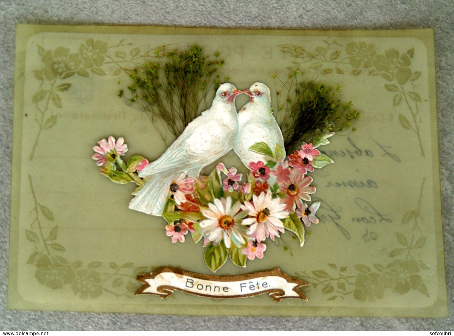 BONNE FETE (colombes-Fleurs...) - Carte En Rodoïde, Peinte à La Main. - Other & Unclassified