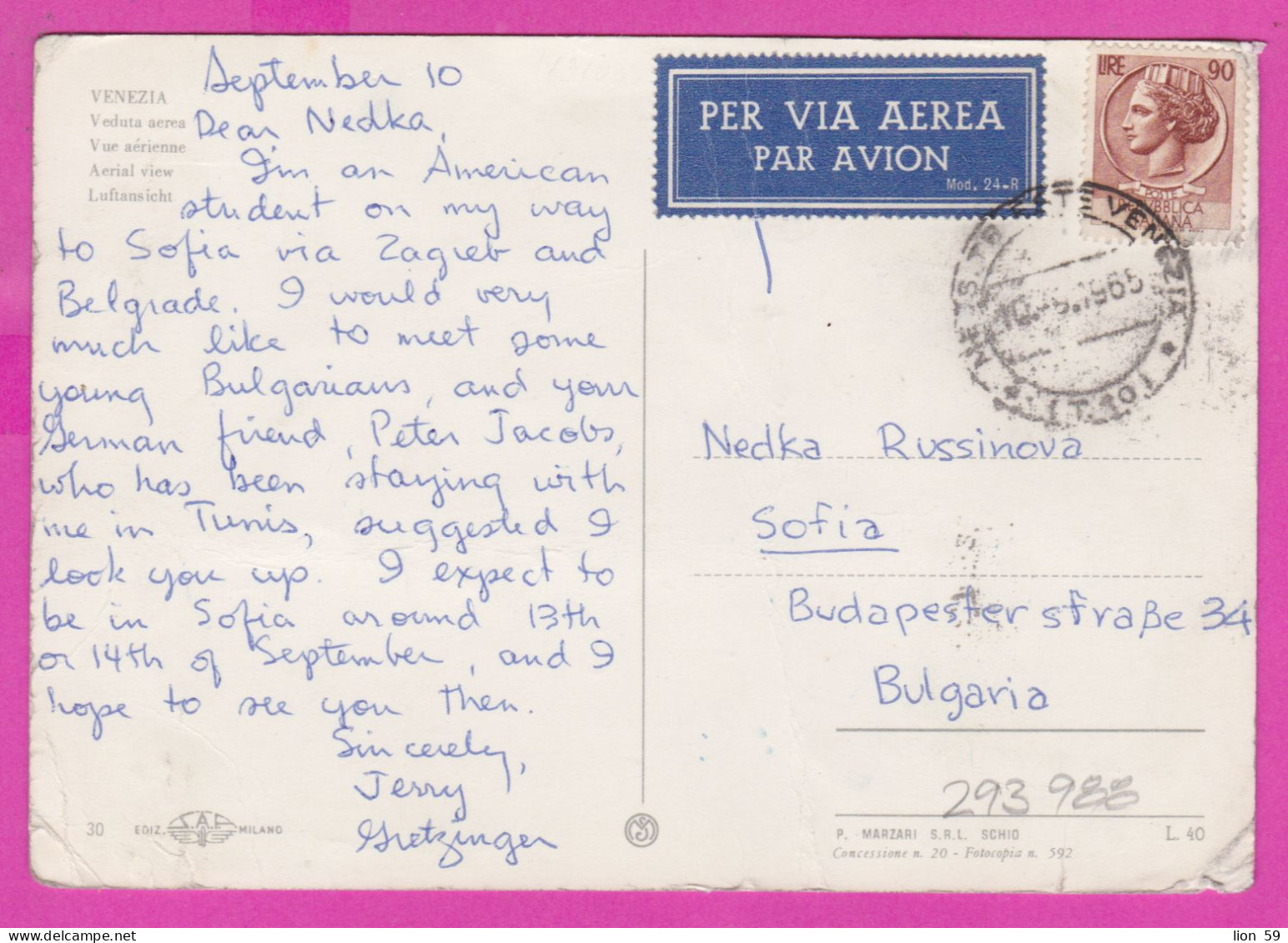 293988 / Italy - VENEZIA Veduta Aerea Aerial View PC 1965 Per Via Aerea USED 90 L Coin Of Syracuse Italia Italie Italien - 1961-70: Poststempel