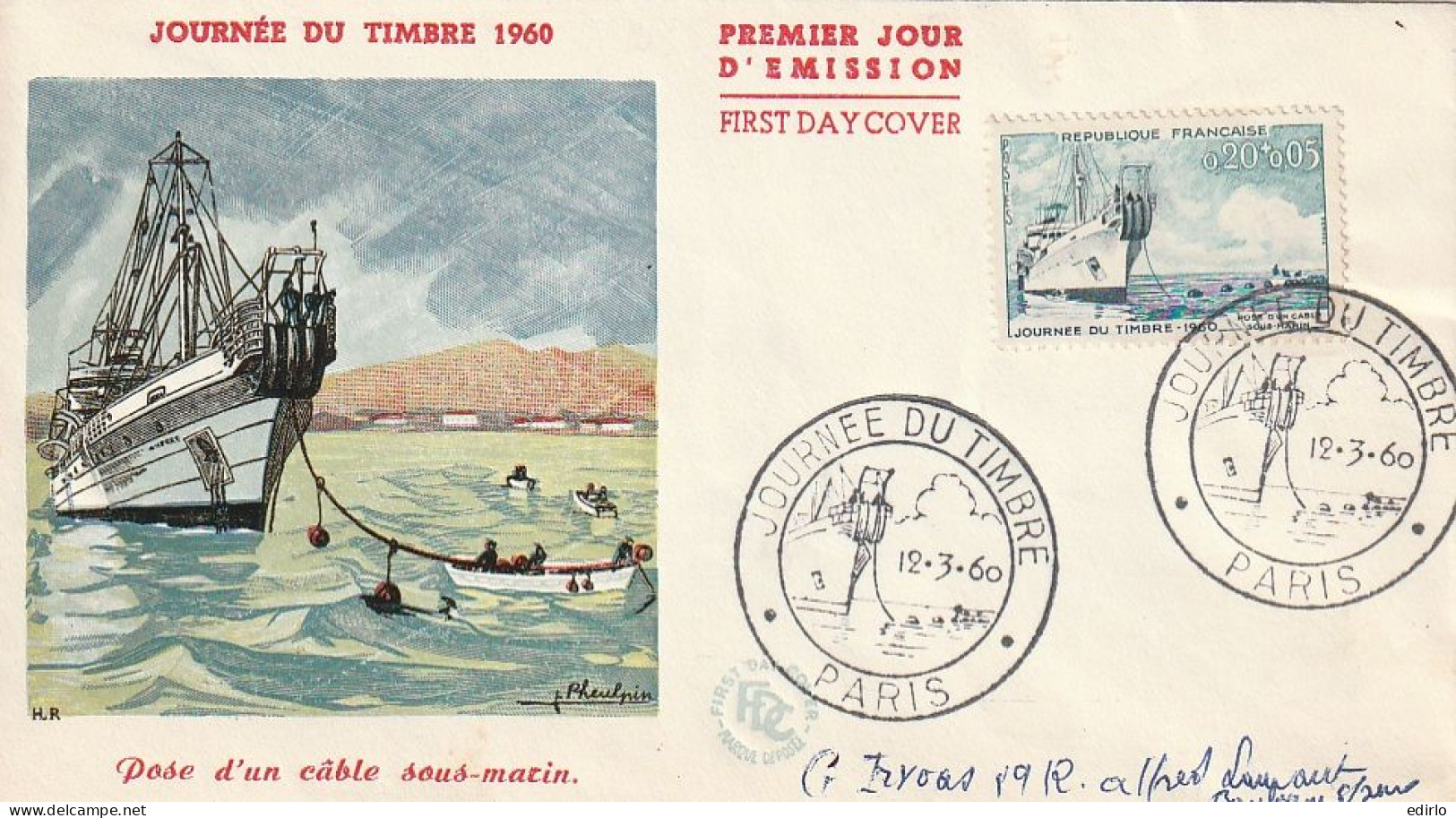 ///   FRANCE ///    PREMIER JOUR ---     JOURNEE DU TIMBRE Fdc  ---POSE D'UN CABLE SOUS MARIN - 1960-1969