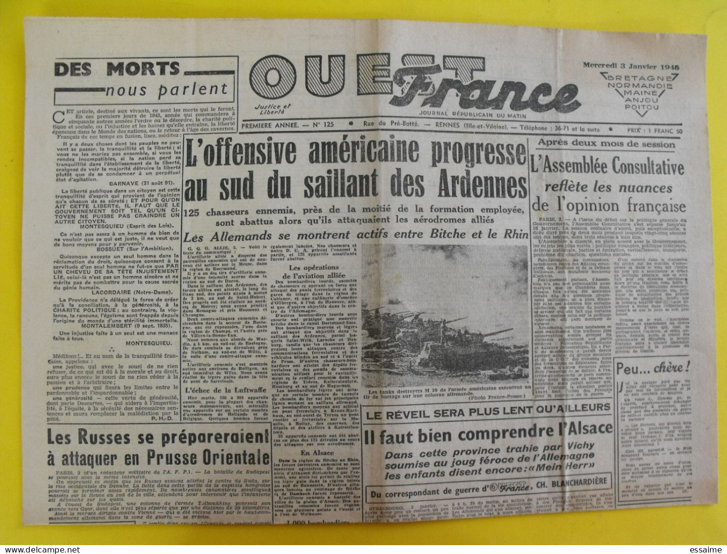 Journal Ouest France Du 3 Janvier 1945 Guerre De Gaulle épuration Ardennes Alsace Ramsay Grèce Leclerc Petiot  Angers - Other & Unclassified
