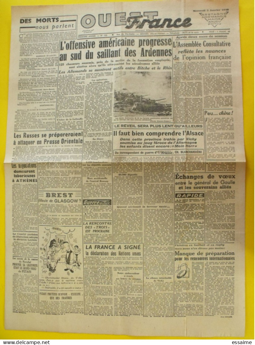 Journal Ouest France Du 3 Janvier 1945 Guerre De Gaulle épuration Ardennes Alsace Ramsay Grèce Leclerc Petiot  Angers - Altri & Non Classificati