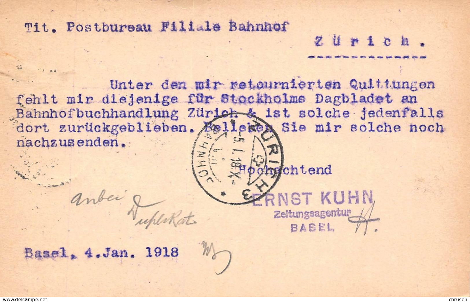 Basel Zeitungsagentur Ernst Kuhn  Firmen Gewerbestempel Besonderheiten - Entiers Postaux