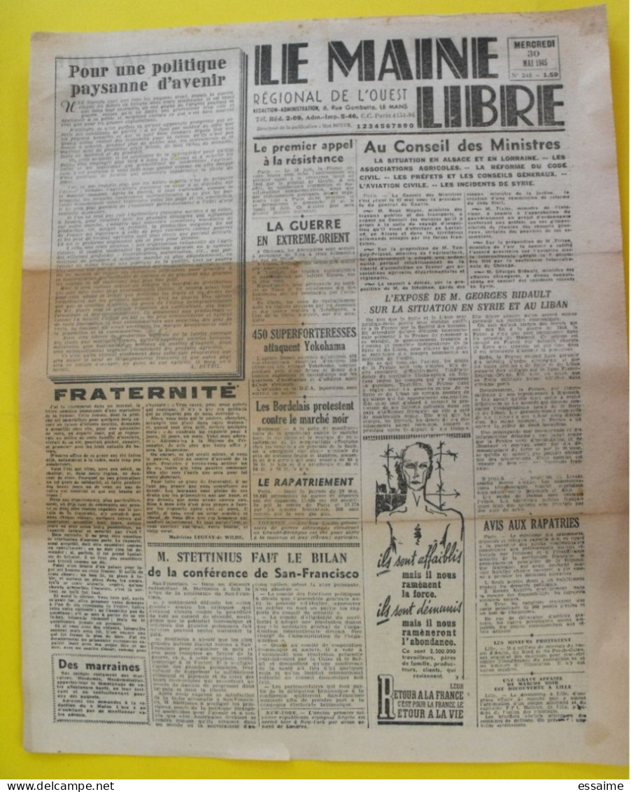 Journal Le Maine Libre Du 30 Mai 1945. Guerre Japon Rapatriement Bidault Laval Mayenne - Altri & Non Classificati