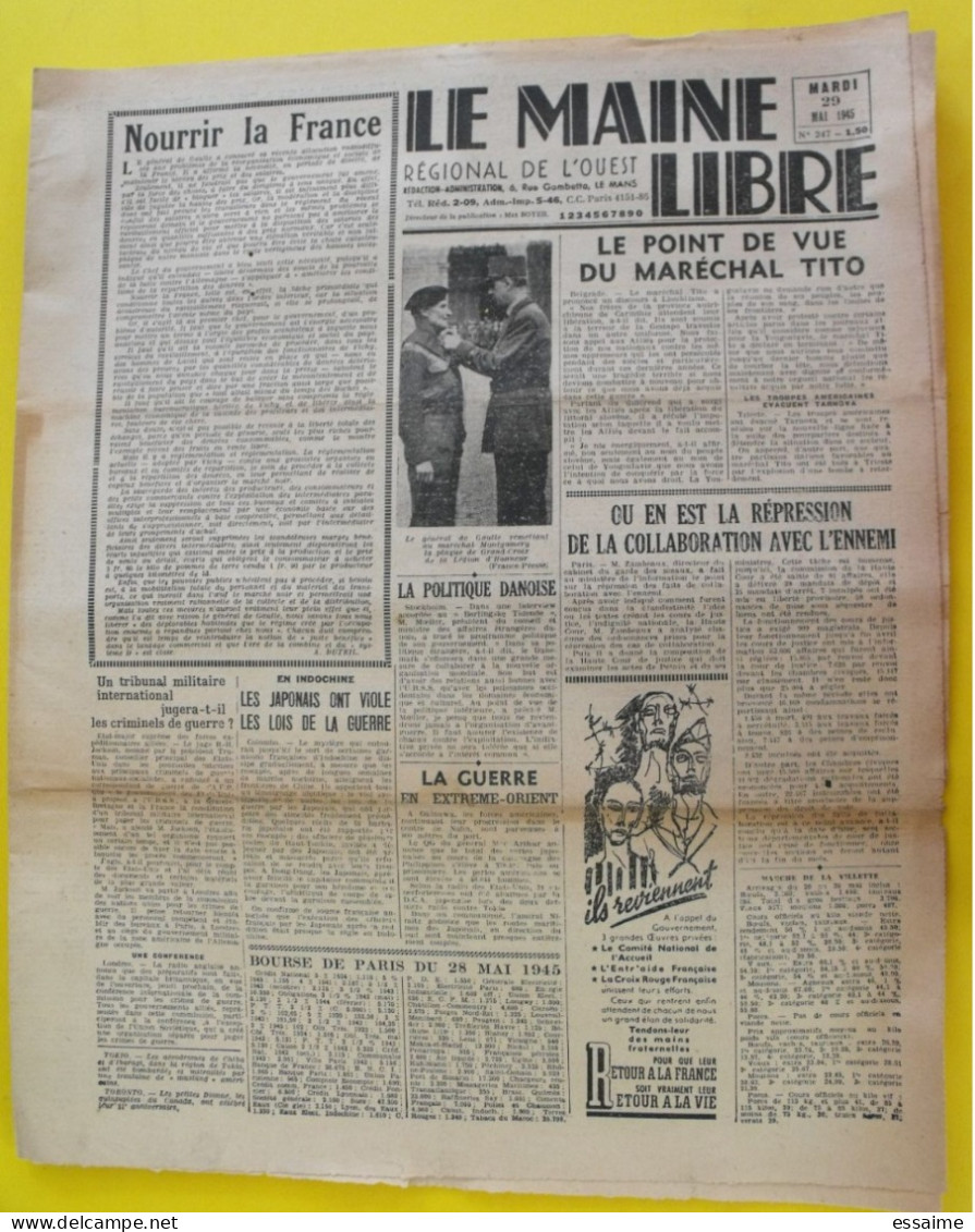 Journal Le Maine Libre Du 29 Mai 1945. Guerre Japon Rapatriement Bidault Laval Mayenne - Otros & Sin Clasificación