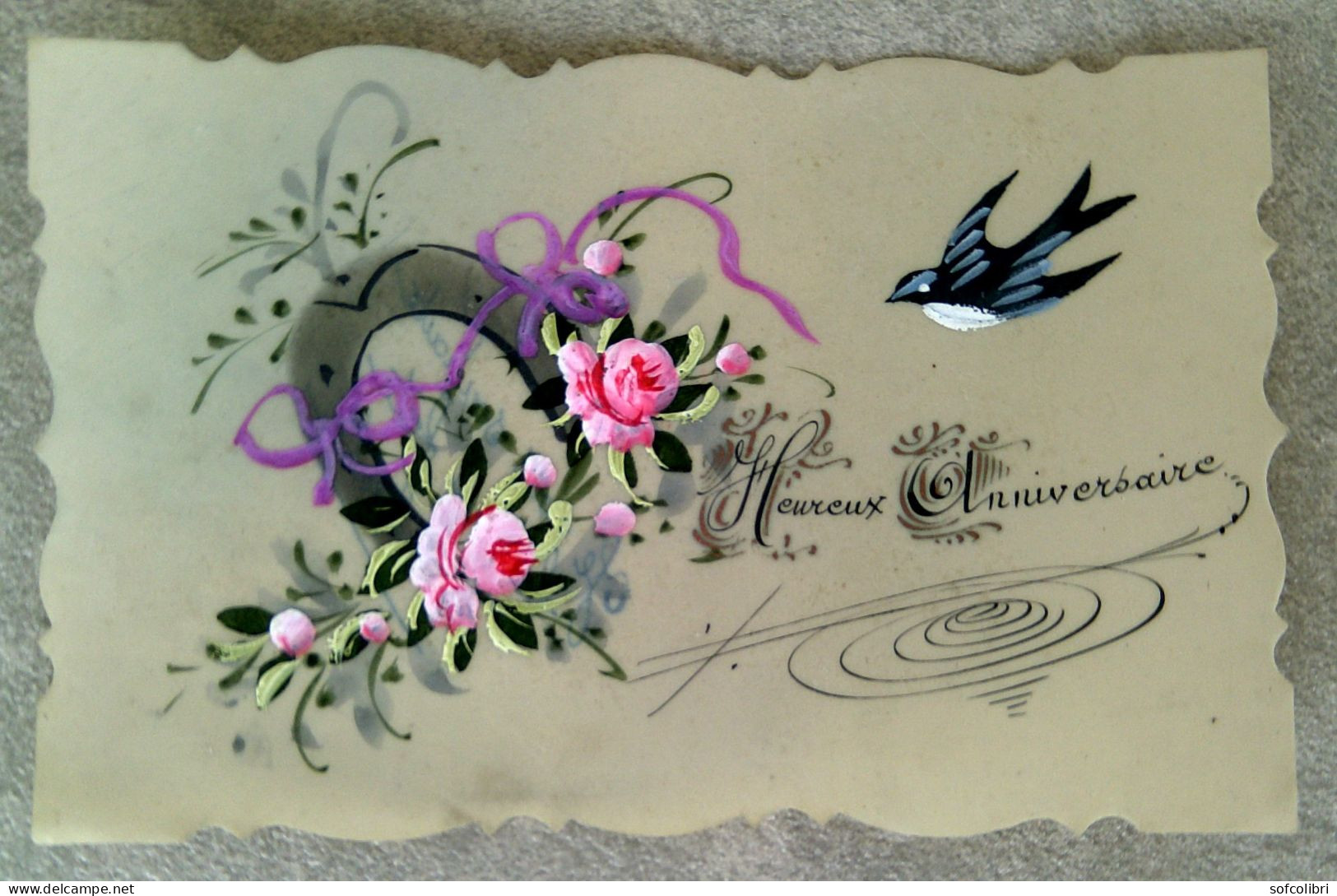HEUREUX ANNIVERSAIRE- Carte En Rhodoïde, Peinte à La Main. (fleurs, Hirondelle...) - Birthday